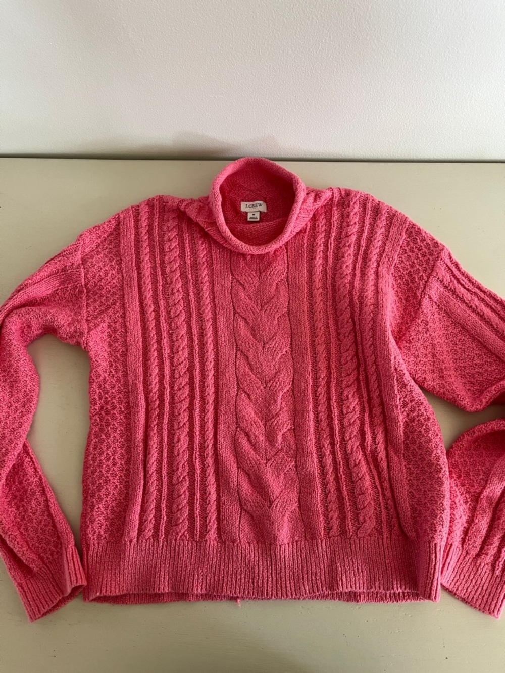 J. Crew Bright Pink Cable Turtleneck Sweater